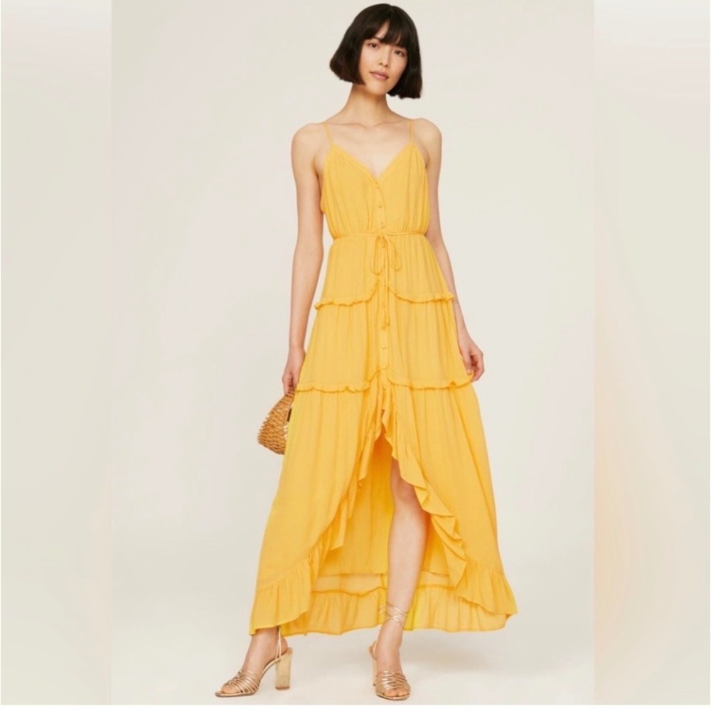 Slate & Willow Yellow Tiered Ruffle High-Low Maxi Dress Large Boho Summer V-Neck